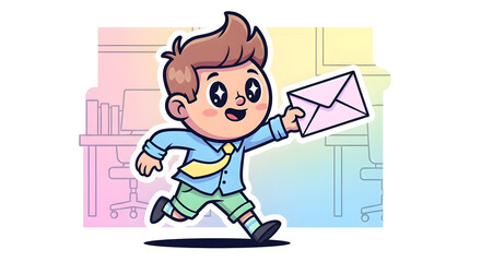 A cheerful cartoon boy in a blue shirt and tie is running with a letter in his hand, conveying a sense of excitement and prompt delivery, ideal for business or personal communication themes