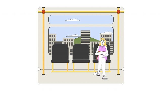 Blonde woman sitting alone on train doodle cartoon animation. Daily travel commuter swaying. Caucasian girl peaceful commute animated 2D character isolated on white background. 4K video motion graphic