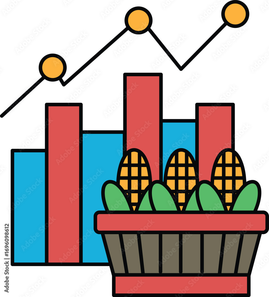 Poster A graph with three lines and three circles is shown above a basket of corn