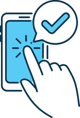 Complete digital task with mobile phone and finger touching the screen with checkmark notification