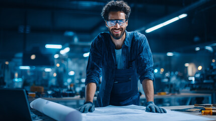 A mechanical engineer in professional clothes. He stands at a table with drawings, examines a mechanism. In the background is a laboratory with equipment.