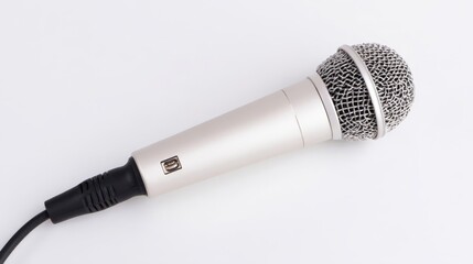 A sleek silver handheld microphone with a distinctive design and metallic finish stands prominently against a neutral ba