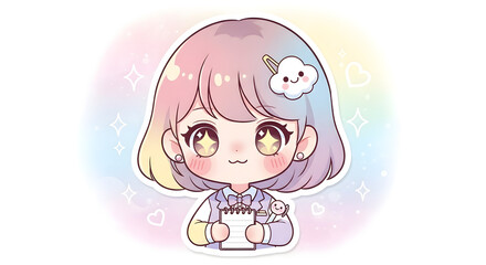 Obraz premium Adorable Pastel Rainbow Hair Chibi Girl Illustration