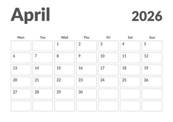 Monthly page Calendar Planner Template design of April 2026. Vector layout of calendar with week start Monday for Scheduling. Page for size A4 or 21x29.7 cm