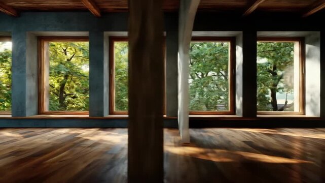 A spacious interior room showcases large windows, allowing ample natural light to illuminate the wooden floor.
