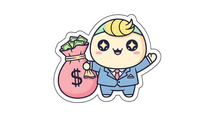 A smiling kawaii character dressed as a professional entrepreneur holds a bag of dollars, symbolizing investment growth and business profit