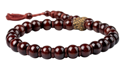 Mala beads bracelet made of dark red wooden beads isolated on transparent background