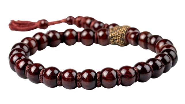 Mala beads bracelet made of dark red wooden beads isolated on transparent background