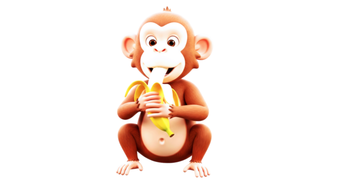 adorable 3d monkey enjoying banana delightful cartoon character, playful jungle animal, sweet treat, isolated on transparent background