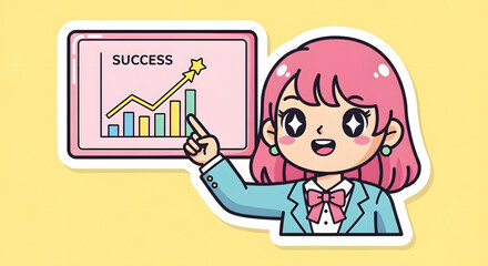 Cute Businesswoman Cartoon with a Success Chart Illustration for Business Growth and Achievement