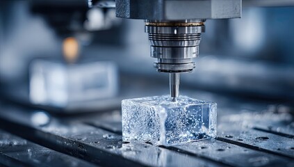 Close-up of a CNC machine working on a clear ice cube