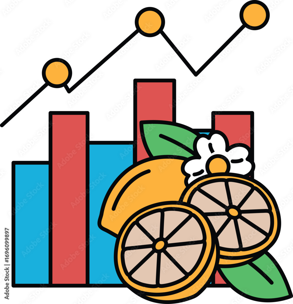 Poster a black and white drawing of a graph with three lines and a bunch of oranges