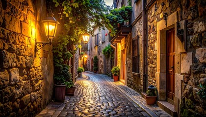 Fototapeta premium Enchanting old European village street at night with glowing lanterns casting a warm light on the ancient cobblestone path