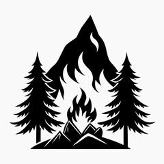 Bonfire with Trees Silhouette Vector