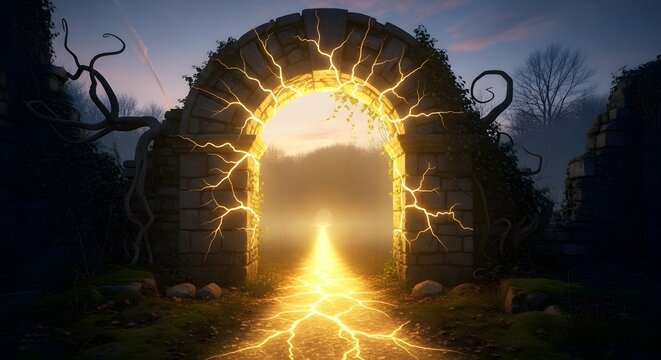 Mystical stone archway with glowing cracks leads to a bright and unknown destination