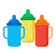 Colorful baby sippy cups with handles and lids drink bottle vector on white background.