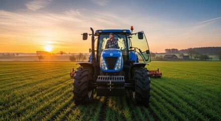 Fototapeta premium Farmer driving modern blue tractor through lush green field at sunrise, cultivating land