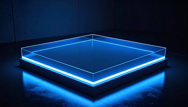 A futuristic, neon-lit platform. A glass-topped square stage set in a dark, industrial space. The platform glows a vibrant blue. The lighting accentuates its edges and creates a reflective surface - Powered by Adobe