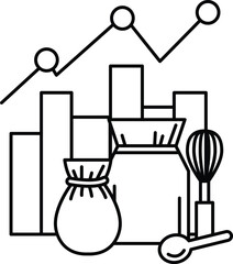 A black and white drawing of a kitchen with a bag, a bowl, a spoon, and a whisk
