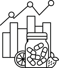 A black and white drawing of a jar of pills and a slice of orange