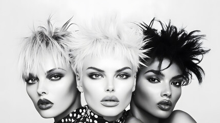 Obraz premium Portrait of glam rock band with wild hairstyles, leather outfits, and bold makeup in 1980s style. Retro music fashion, vintage rock culture.