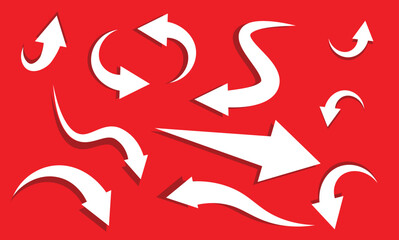 White Dynamic Arrow Icons on Red Background in Various Curved Styles