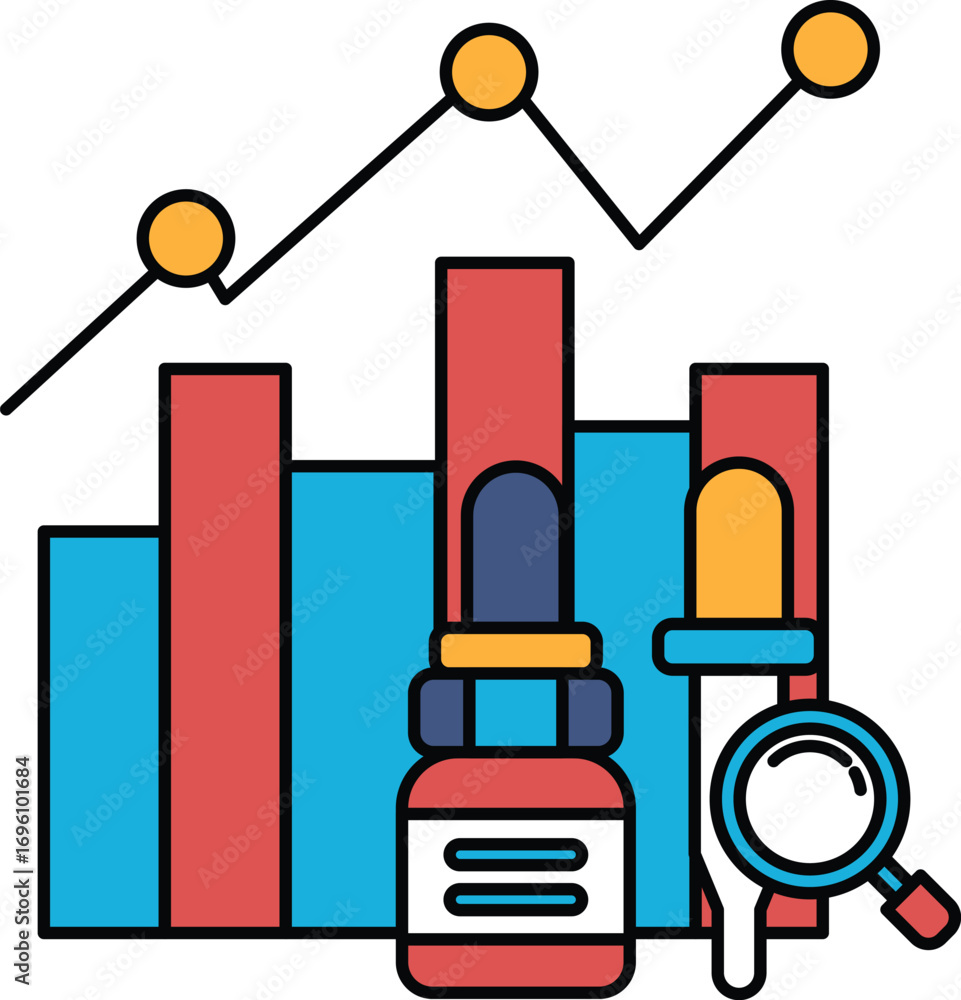 Poster a graph with a line going up and down and a bottle with a magnifying glass on it