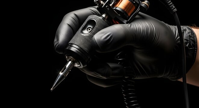 Closeup of a tattoo artists hand in black glove holding a tattoo machine against a black background professional tattooist at work tattooing process, studio equipment