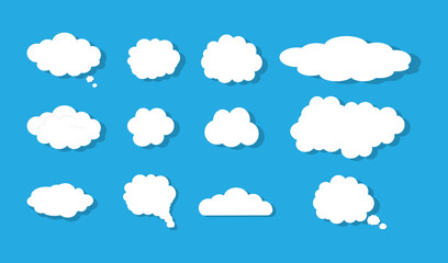 White Cloud Shapes and Thought Bubbles Collection on Blue Background