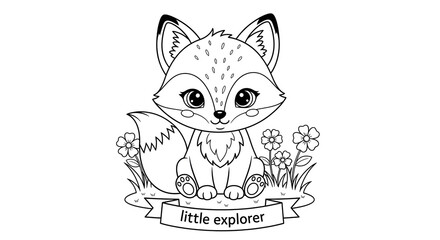 Fototapeta premium Cute Baby Fox Sitting in Flowers Coloring Page.