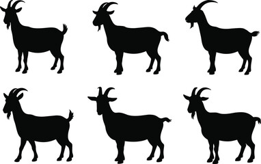 Black goat silhouette icon set featuring diverse horn shapes, body postures, and beard styles for animal design and reference