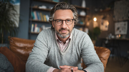 A psychotherapist in the office. The pose is relaxed and open. The face expresses goodwill - a soft smile, a calm look, emphasizing empathy and professionalism.