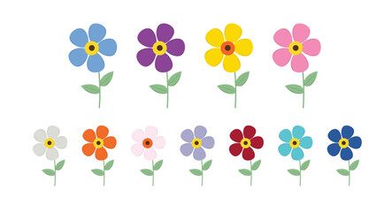 Colorful Simple Flowers Collection with Green Stems and Leaves Isolated on White