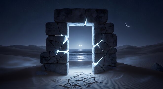 Stone doorway in a desert landscape with a view of the moonlit ocean