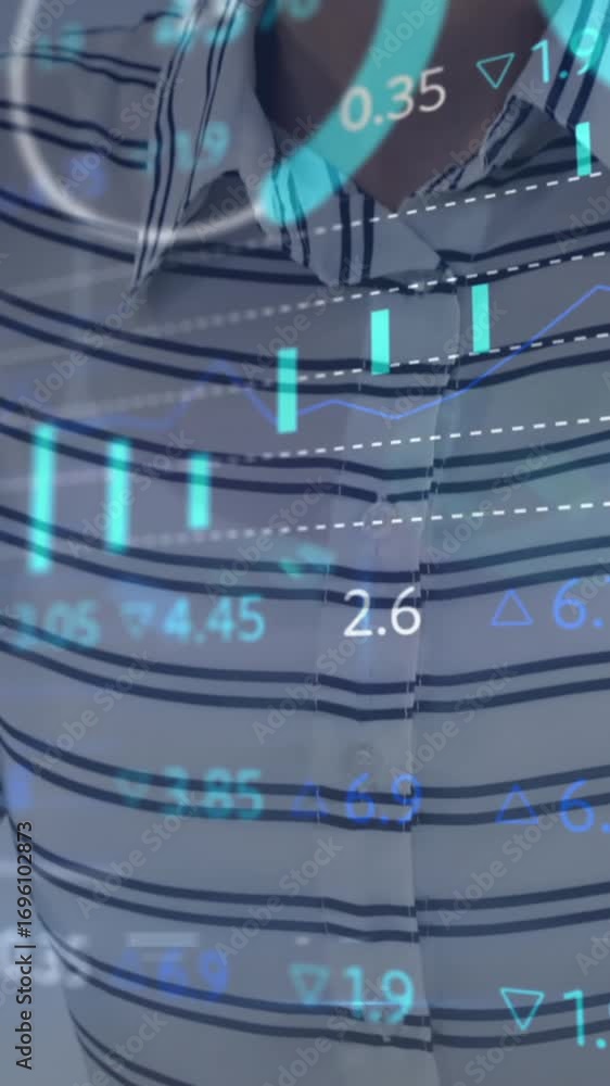 Poster animation of data processing over businesswoman using computer
