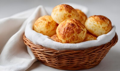 wicker basket with subtly golden Brazilian cheese bread on a pure white background