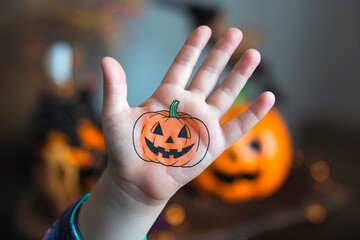 A kid is showing hand palm and a cute Halloween pumpkin is drawn on it