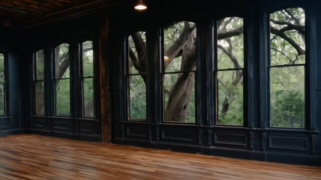 A spacious room with dark, ornate windows offering a view of lush greenery.