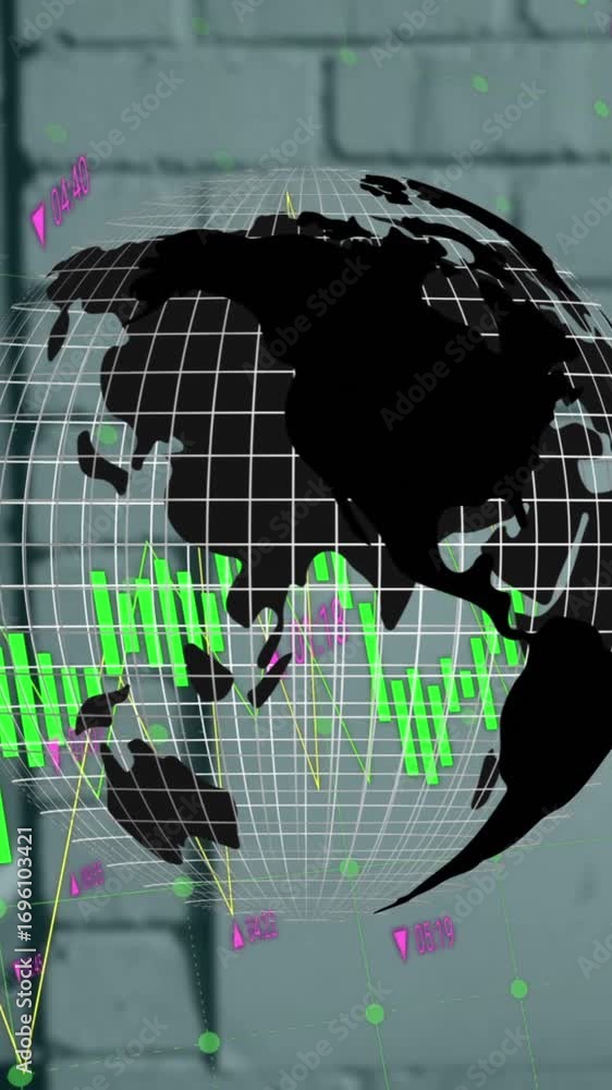 Poster animation of financial graphs and globe over building