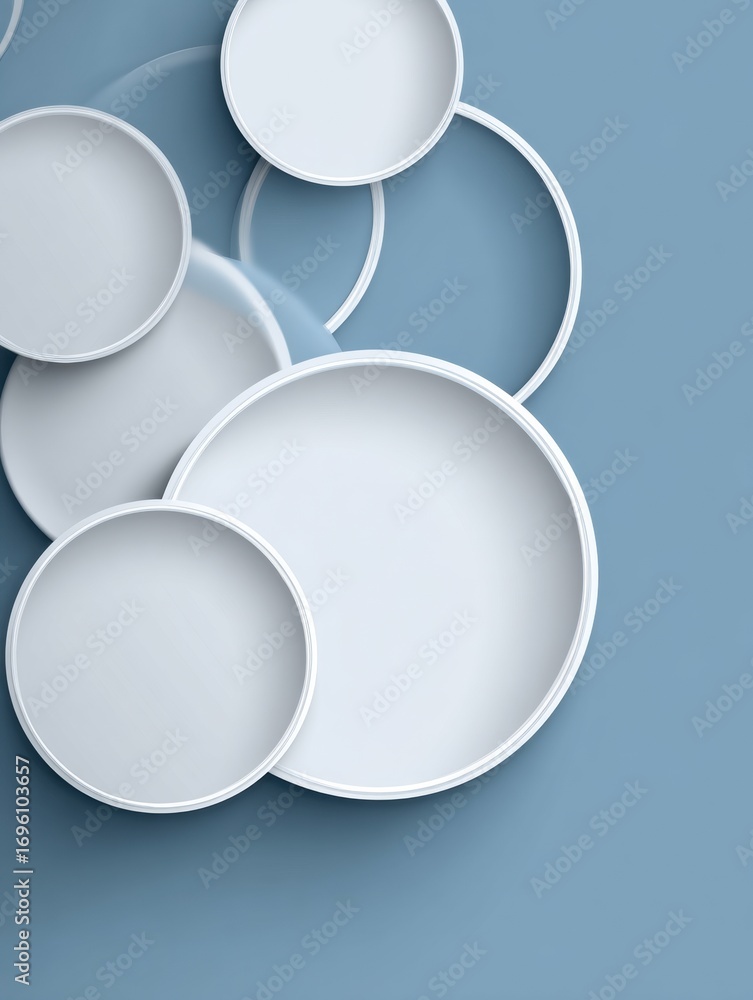 Poster collection of white circular plates arranged on a blue background in a modern display setting for ar