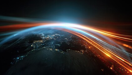 Earth at night, streaked with light trails