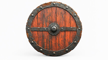 Fototapeta premium Rusted and damaged medieval round shield isolated on white background