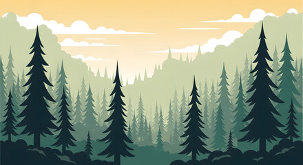 pine forest landscape mountain evergreen trees illustration