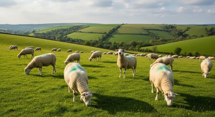 Obraz premium Fluffy sheep graze peacefully on a vibrant green rolling hillside under a bright, cloudy sky.