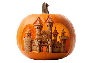 A Halloween jack-o’-lantern shaped like a castle, isolated on a transparent background.