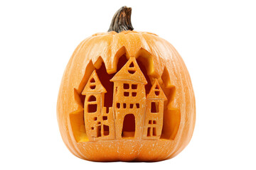 A Halloween jack-o’-lantern shaped like a castle, isolated on a transparent background.