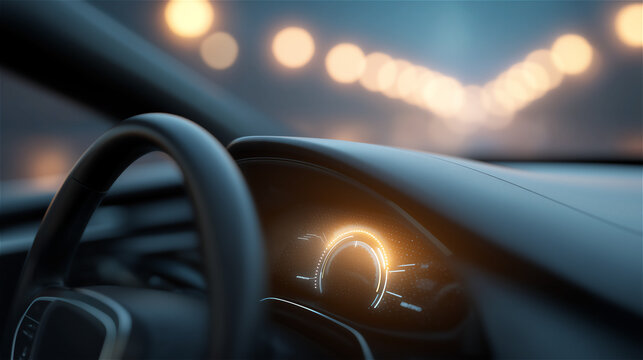 Car dashboard with illuminated speedometer glowing in modern vehicle interior, symbolizing automotive technology, speed, innovation and advanced transportation design.