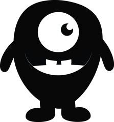 Cute one-eyed cartoon monster silhouette with big smile, round body, short arms and legs, friendly design for kids media