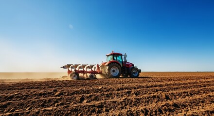 Fototapeta premium Powerful red tractor plowing fertile earth under a vast blue sky creating fertile soil for growth