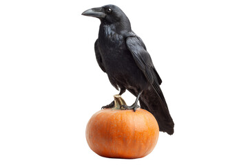 A Halloween raven perched on a pumpkin lantern, isolated on a transparent background.